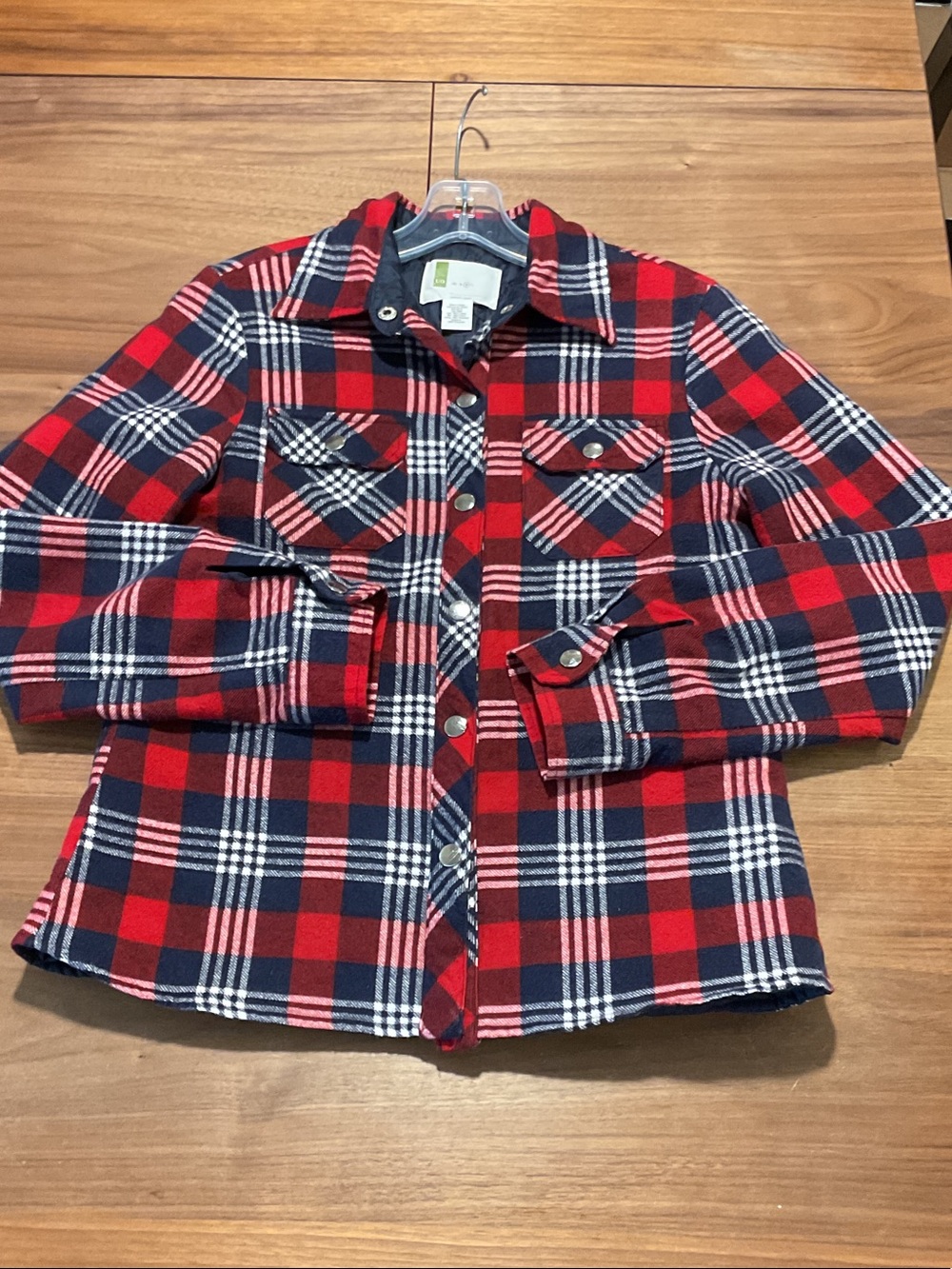 Women’s Red & Navy Plaid Button-Up Shirt Jacket